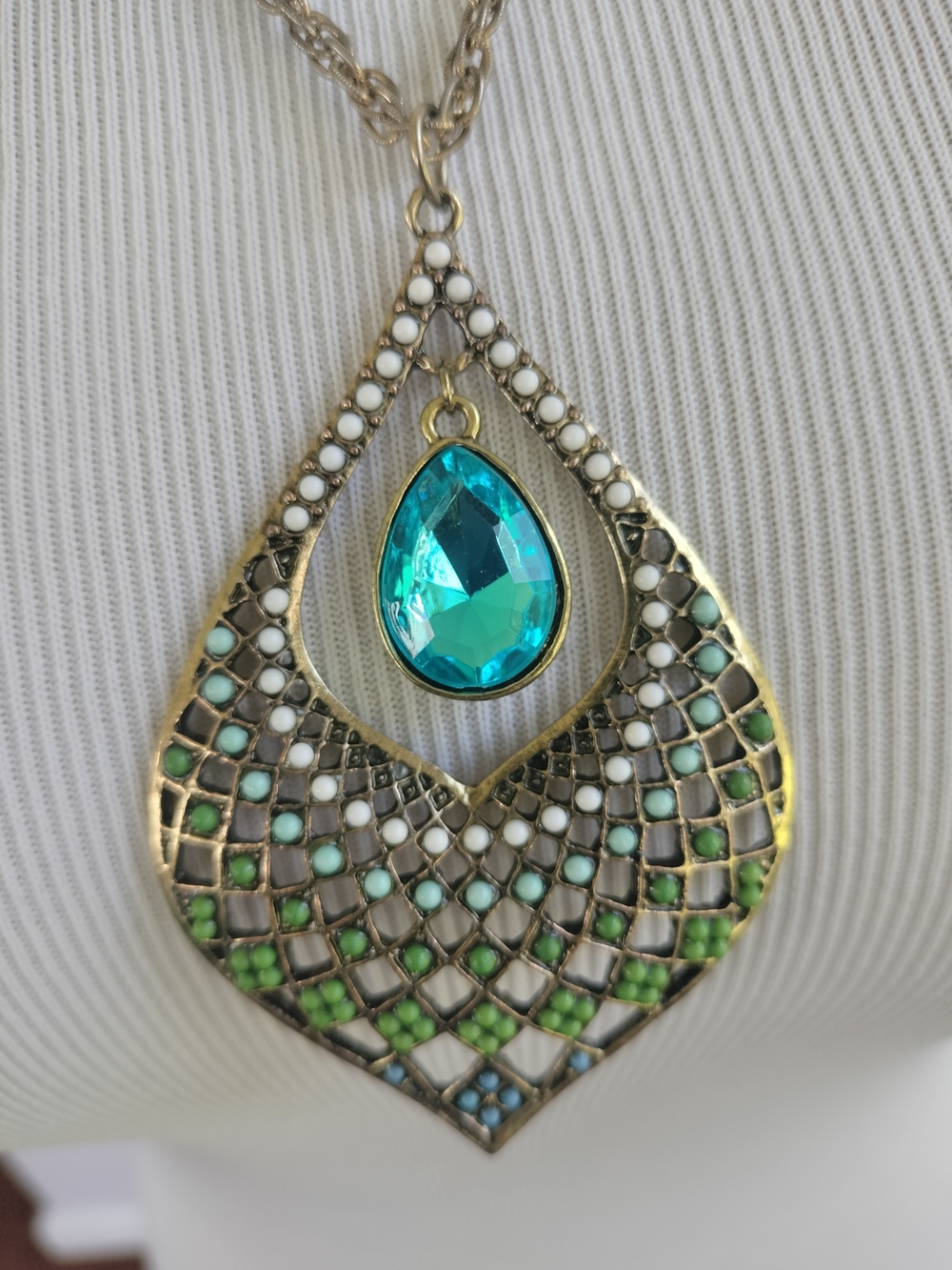 Gold-Tone Filigree Teardrop Pendant Necklace-Aqua Blue Crystal-22"